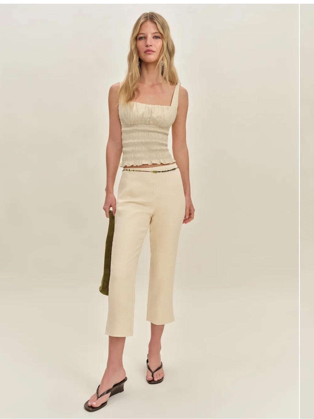 Reformation Petra Linen Low Rise Pedal Pusher Pant in sugar